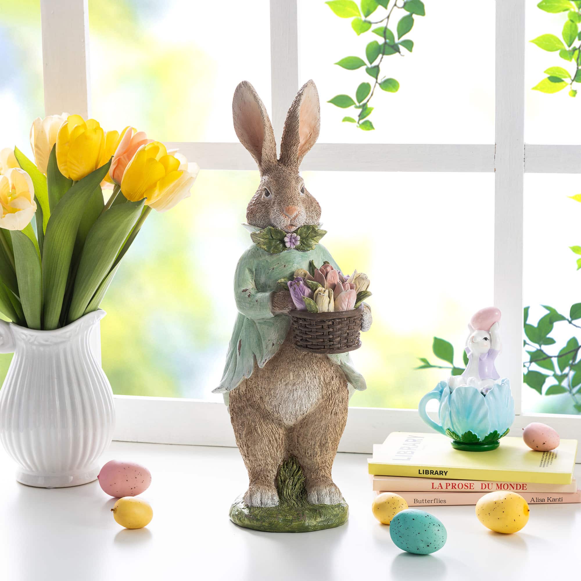 Glitzhome® 15.75" Easter Resin Bunny Boy with Flowers Table Decor